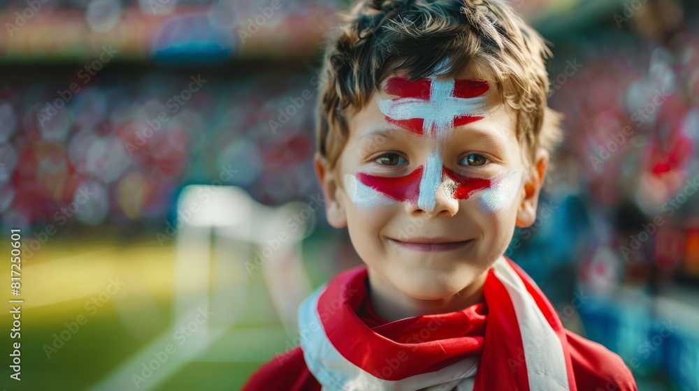 child boy soccer fun with painted face of flag Austria in football stadium