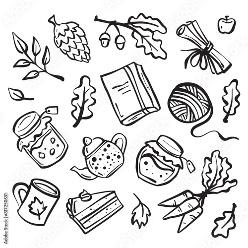 A collection of black and white doodles featuring various autumn items such as pumpkins, leaves, acorns, and apples. 