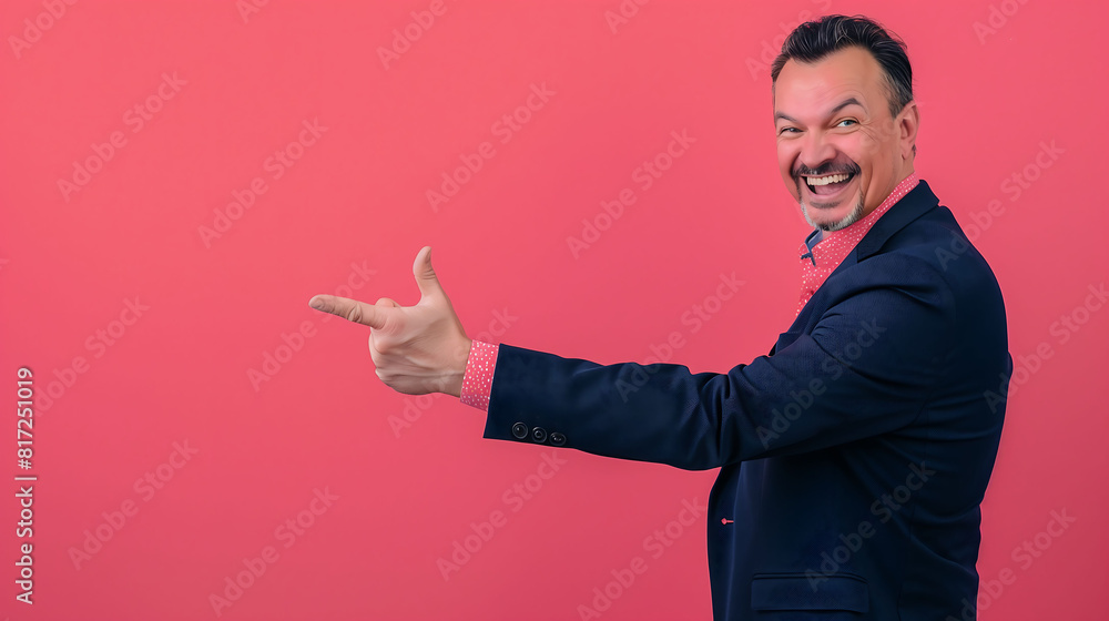 Enthusiastic Middle-Aged Man in a Blue Suit Pointing to the Side with a Big Smile and Cheerful Expression, Set Against a Pink Background Enthusiastic Middle-Aged Man in a Blue Suit Pointing to the Side with a Big Smile and Cheerful Expression, Set Against a Pink Background