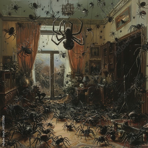 Victorian room infested with giant spiders and webs. photo