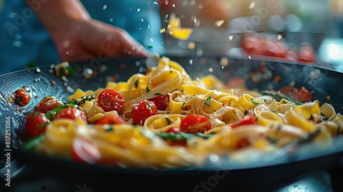   A close-up of a pan with pasta and tomatoes being stirred by a person with a spatula photo