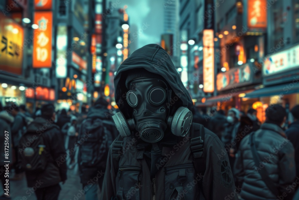 people in gas masks protective suits city people in gas masks protective suits city