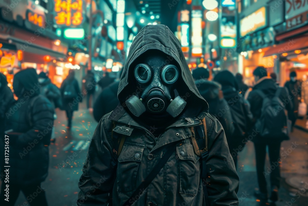 people in gas masks protective suits city people in gas masks protective suits city