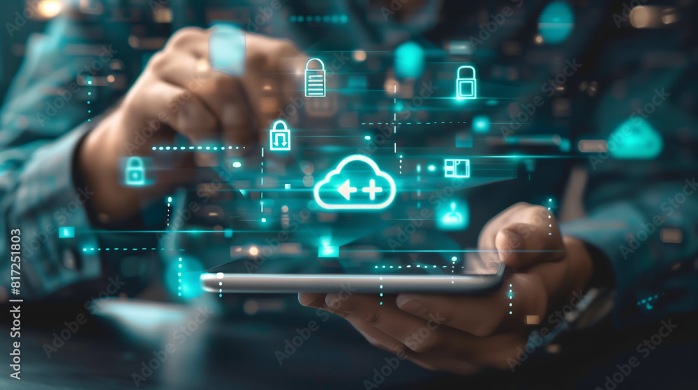 Fototapeta premium Businessman using smartphone and cloud technology icon on virtual screen in data center room concept of cloud computing, cloud storage
