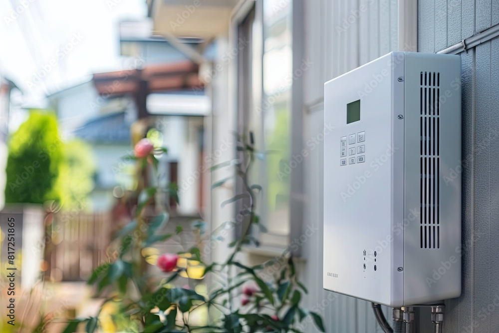 Modern external continuous flow gas water heater mounted on house wall
Modern external continuous flow gas water heater mounted on house wall