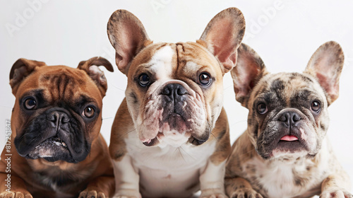 Three French Bulldogs. A close-up portrait of three French Bulldogs sitting side by side. They are all facing forward with alert expressions  showcasing their distinct facial features.