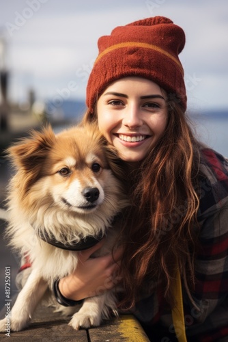 Young attractive woman sitting at the pier with her dog. Hugging and stroke lovely pet. Generative AI. © Nadejda