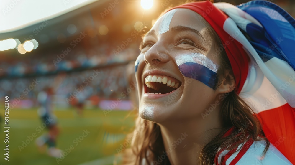 Excited Young French Football Fan Woman Cheering at European Soccer Tournament 2024, Close Up Portrait with French Flag Face Paint in Full Stadium - Summer Sports Enthusiasm Excited Young French Football Fan Woman Cheering at European Soccer Tournament 2024, Close Up Portrait with French Flag Face Paint in Full Stadium - Summer Sports Enthusiasm