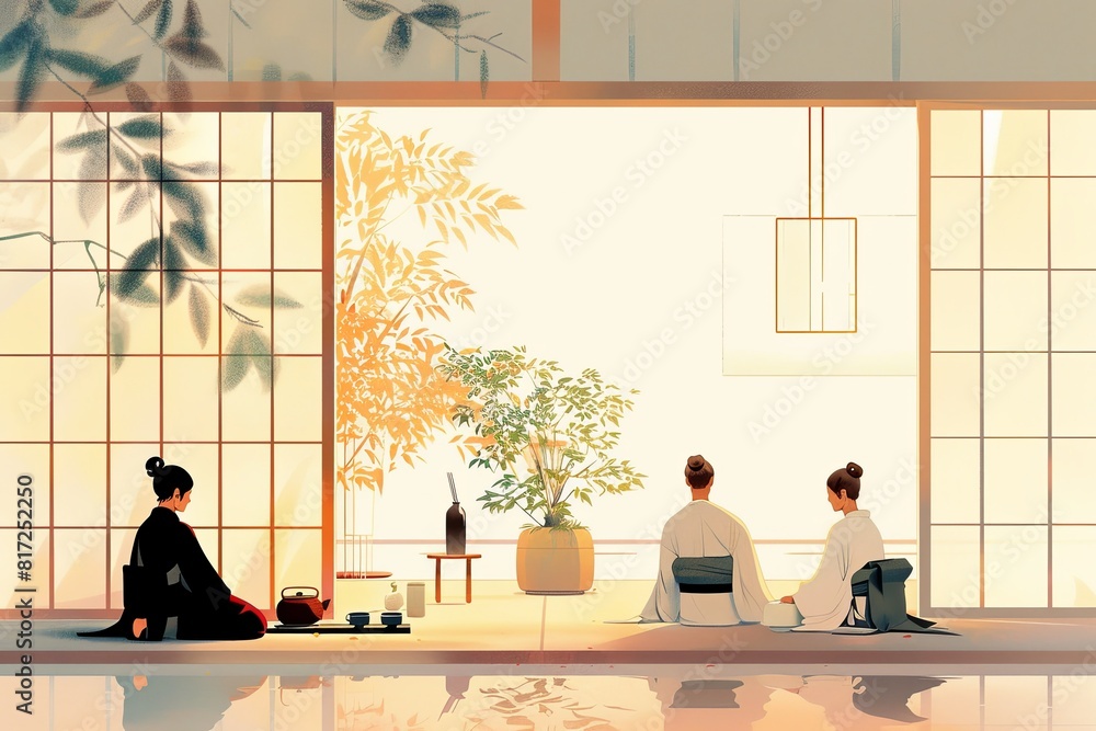 Traditional Japanese Style Illustration of a Modern Tea Ceremony