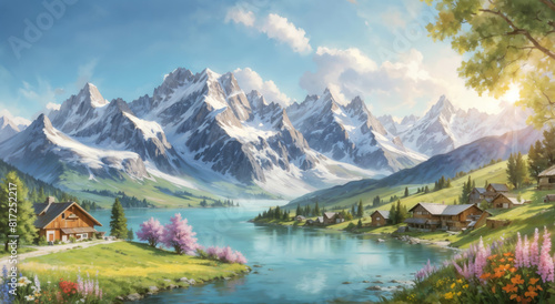 Alpine landscape with lake and mountains