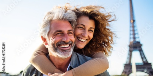 Mature couple showing love near eiffel tower.  Paris the city of love. Generative AI.