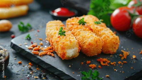 Breaded cheese sticks on the table. Selective focus. realistic photo