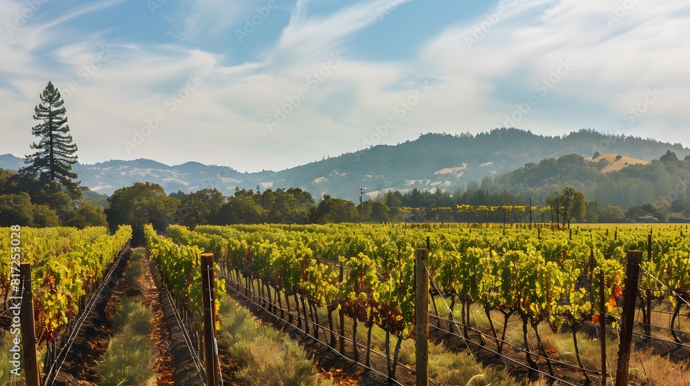 Obraz premium A picturesque vineyard with rows of grapevines stretching into the distance