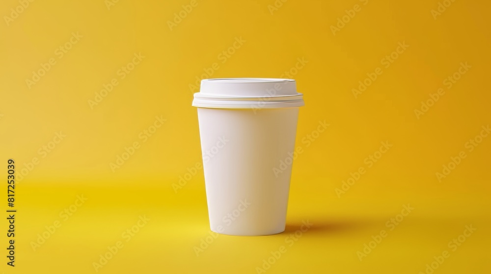 White paper coffee cup mockup on yellow background with copy space for branding design White paper coffee cup mockup on yellow background with copy space for branding design