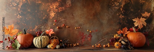 An array of pumpkins, gourds, and autumn leaves set on a rustic wooden table with a textured backdrop