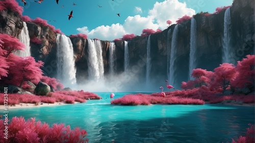 Beautiful flamingos wallpaper on the background of turquoise waterfall photo