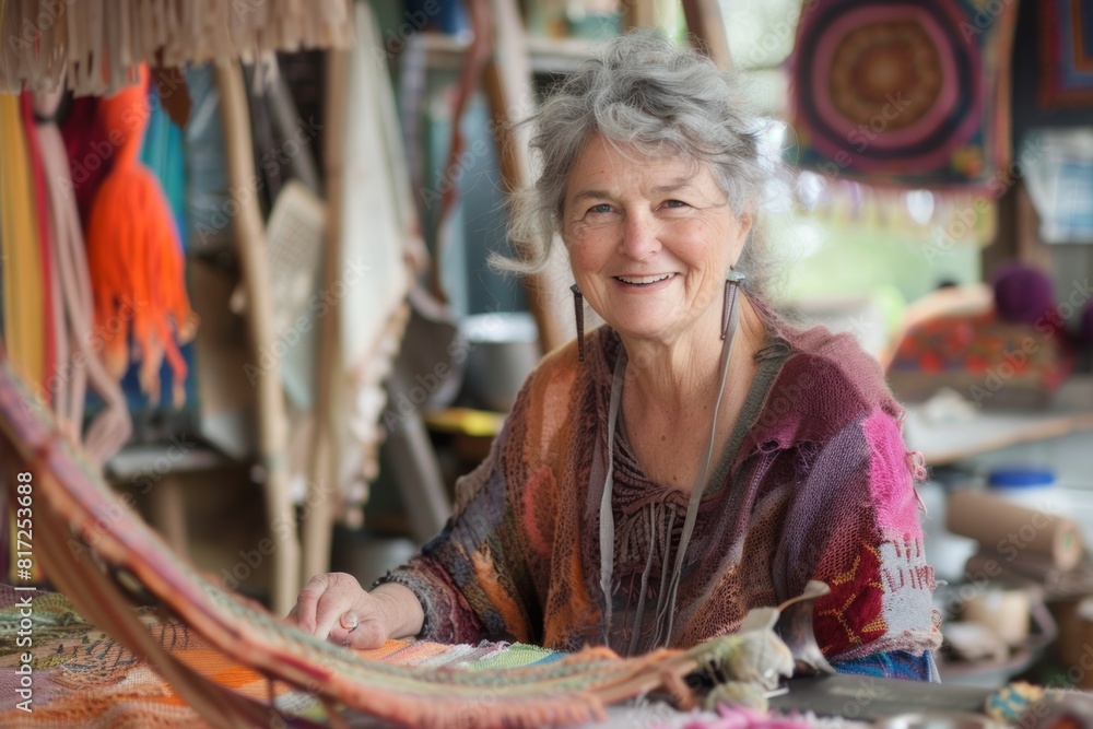 fiber artist middle aged woman with gray hair at her workshop. Knit and crochet hobby. fiber artist middle aged woman with gray hair at her workshop. Knit and crochet hobby.