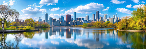 Chicago's vibrant skyline and azure skies reflect in the springtime lake