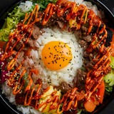 traditional korean dish bibimbap with fried agg beef and vegetables generative