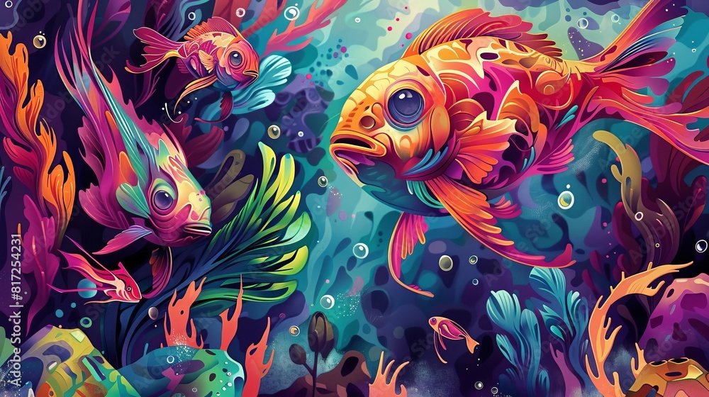 Vibrant and colorful illustration of various types of fish. The fish are depicted in a variety of colors and patterns, and are set against a background of coral and other sea life.