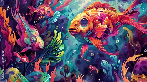 Vibrant and colorful illustration of various types of fish. The fish are depicted in a variety of colors and patterns  and are set against a background of coral and other sea life.