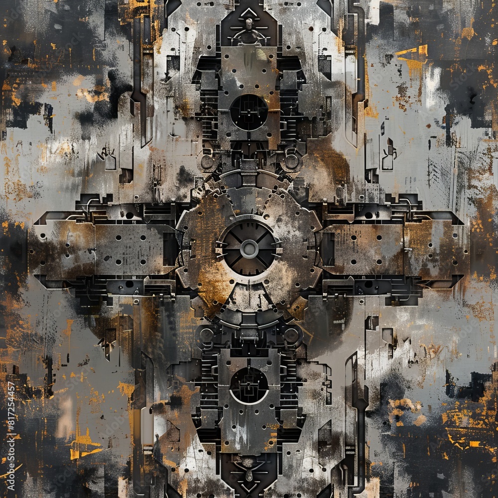 Abstract Pattern, influenced by industrial aesthetics and featuring mechanical shapes 