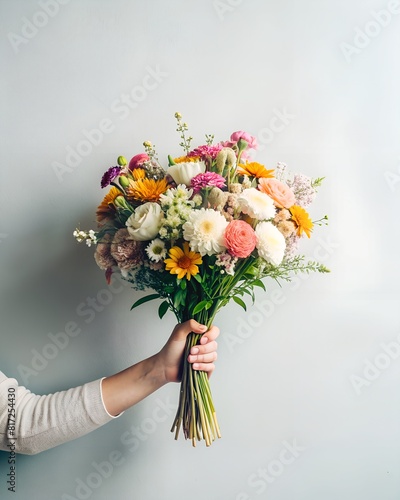 bouquet of roses a bouquet of different flowers, in the hand on the macro background, sale of flowers, wildflowers, phone background, flower exhibition, flower festival, wedding bouquet, florist