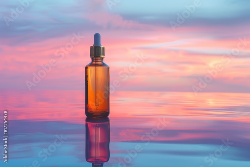 transparent night treatment serum bottle mockup template on the podium with dreamy pink  sunset sky and clouds with reflection. Vitamin c  hydrating and moisturizing skincare  concept.