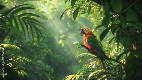 A peaceful afternoon spent birdwatching in a lush, verdant forest alive with avian song. photo