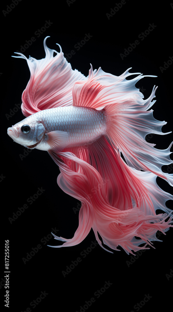 Fototapeta premium White betta fish with red tail swimming in aquarium.