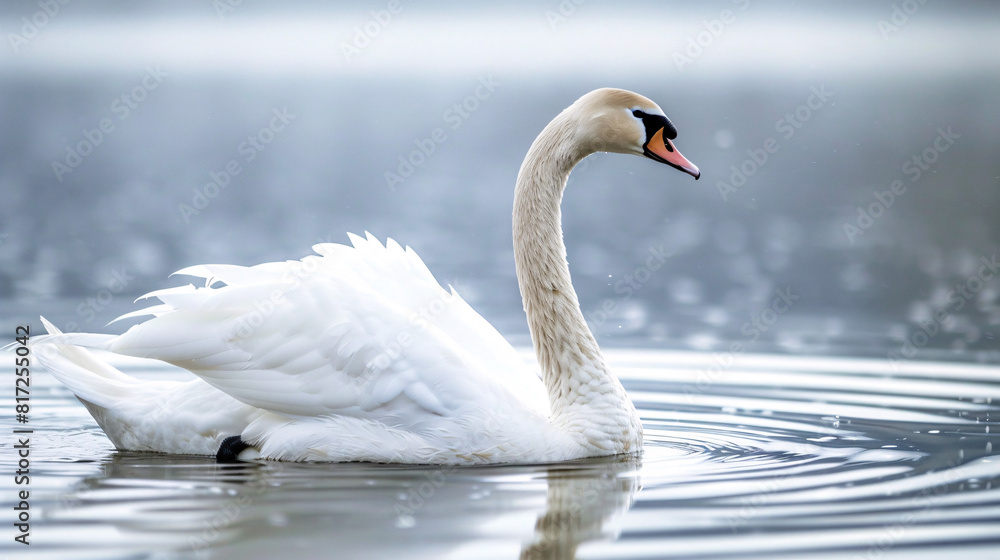 Graceful swan on water. Elegant white swan swimming on a calm lake with a soft focus on its feathers.. Graceful swan on water. Elegant white swan swimming on a calm lake with a soft focus on its feathers..