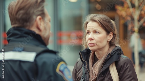A concerned woman discussing a matter with a uniformed police officer outdoors, showcasing an interaction between a citizen and law enforcement