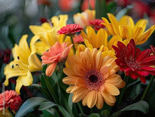 bouquet filled with bright yellow and red flowers. The yellow flowers are sunny and cheerful  while the red flowers add a bold  vibrant touch. Together  they create a beautiful and lively display  