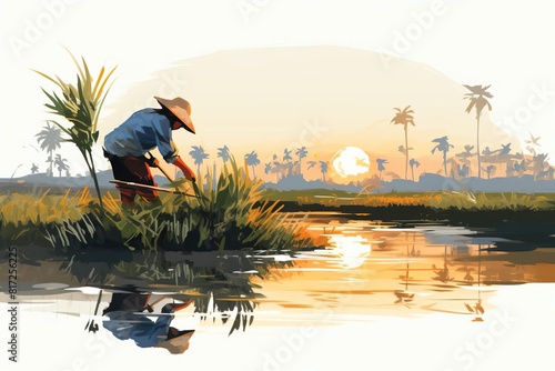 Rice harvest flat design side view traditional methods