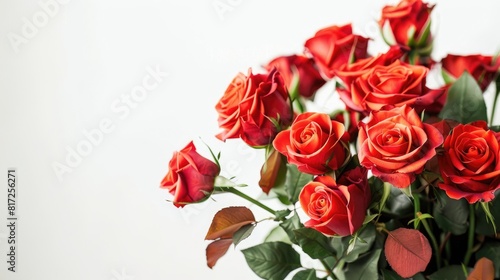 Vibrant bouquet featuring red roses set against a white backdrop captured in a stunning close up shot