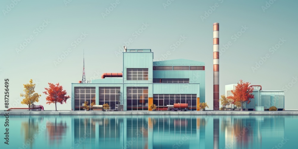 Obraz premium The photo depicts a factory building with a large smokestack emitting smoke into the air.