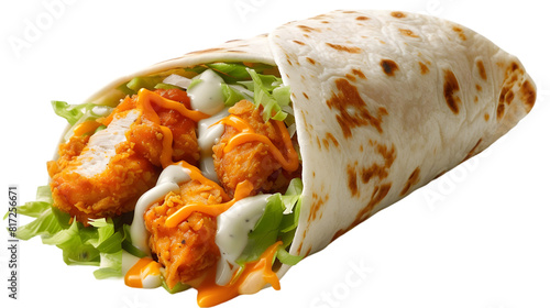  A Buffalo chicken wrap carefully presented with buffalo chicken, lettuce, and cheese, oozing with ranch dressing, transparent background