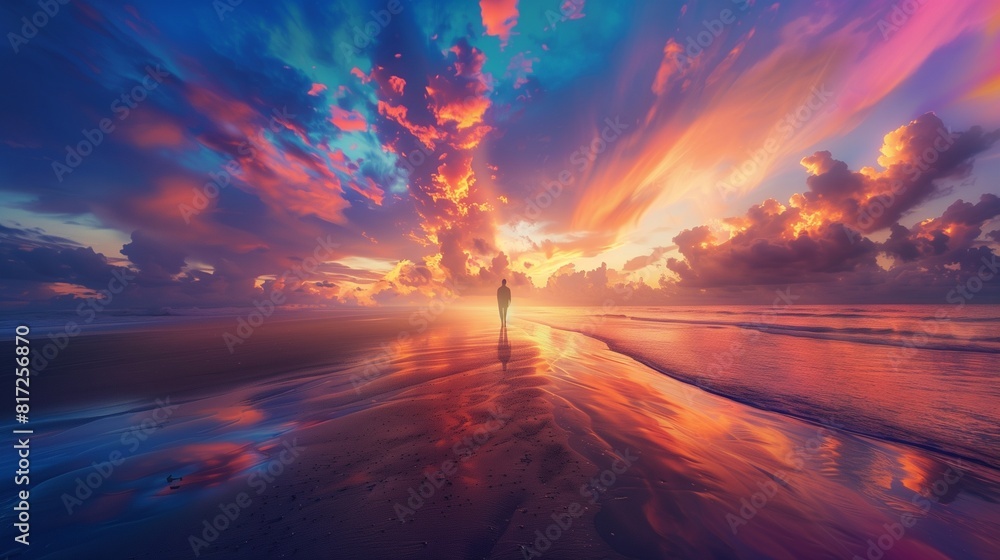 A person taking a relaxing walk on a sandy beach at sunset, colorful clouds streaking across the sky. A person taking a relaxing walk on a sandy beach at sunset, colorful clouds streaking across the sky.