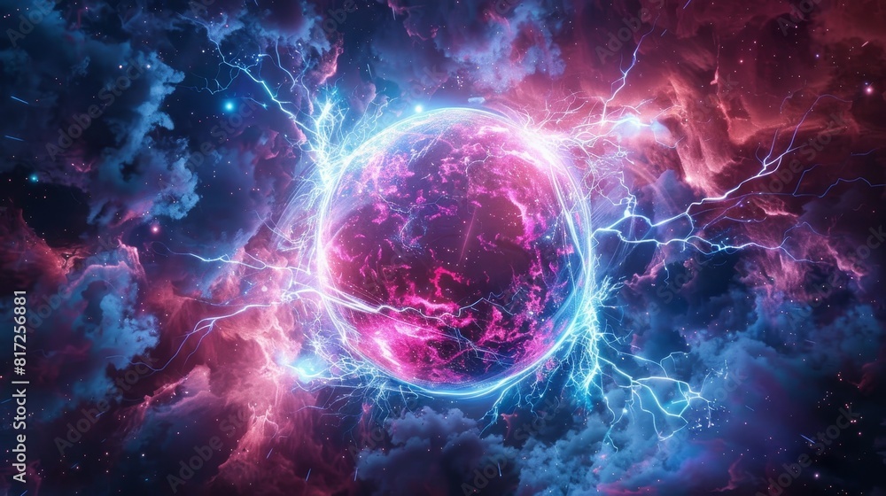 Cosmic scene with a central planet-like object enveloped in a pinkish-purple glow, surrounded by electric blue lightning bolts Cosmic scene with a central planet-like object enveloped in a pinkish-purple glow, surrounded by electric blue lightning bolts
