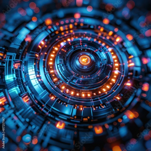 3D rendering of a futuristic glowing blue and orange mechanical structure with intricate geometric shapes and glowing lights.