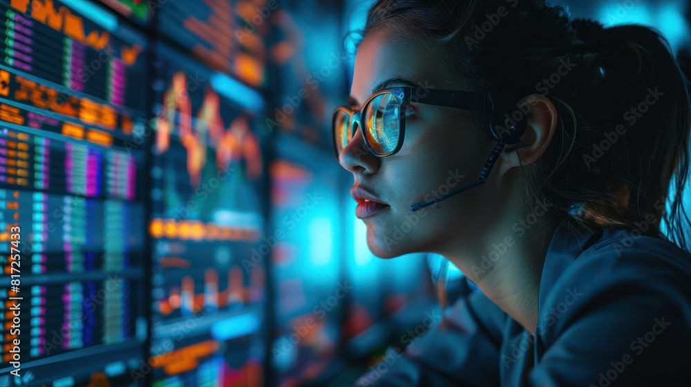 A young woman wearing glasses looks at a computer screen full of data. A young woman wearing glasses looks at a computer screen full of data.