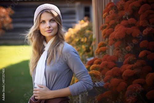 Woman in garden. Attractive woman wearing autumn clothes standing near barn in garden