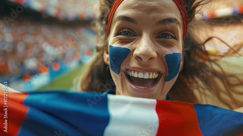Excited Young French Football Fan Woman Cheering at European Soccer Tournament 2024, Close Up Portrait with French Flag Face Paint in Full Stadium - Summer Sports Enthusiasm