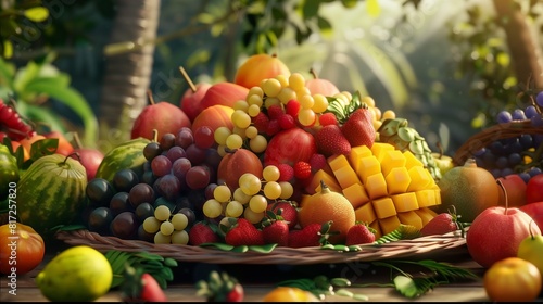 A photorealistic image of a vibrant fruit platter overflowing with fresh seasonal fruits  perfect for a summer barbecue.