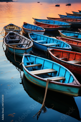 Different color boats in the harbor. 