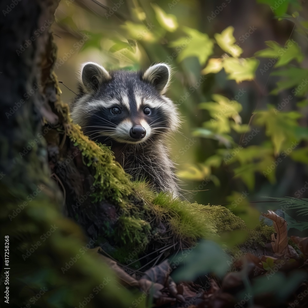 Cute raccoon climbing tree in forest, curious wildlife in nature. Mammal with adorable face, furry mask, nocturnal habits. Wild raccoon outdoors, green summer woodland, wildlife. Cute raccoon climbing tree in forest, curious wildlife in nature. Mammal with adorable face, furry mask, nocturnal habits. Wild raccoon outdoors, green summer woodland, wildlife.