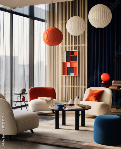 Modern living room with sofa in red color and wall with sunlight. Blue, white and red lamps.