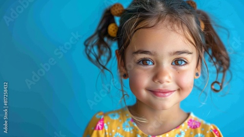 Little Girl With Blue Eyes Smiling Against Blue Background