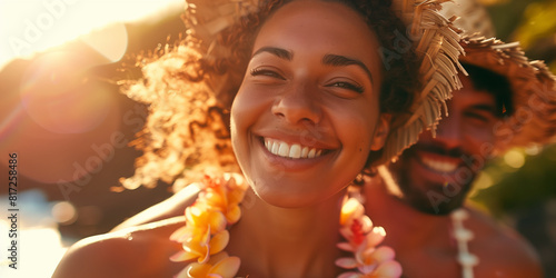 Portrait of young attractive couple with exotic flowers around them in Hawaiian landscape. Celebrating National Hawaii Day.