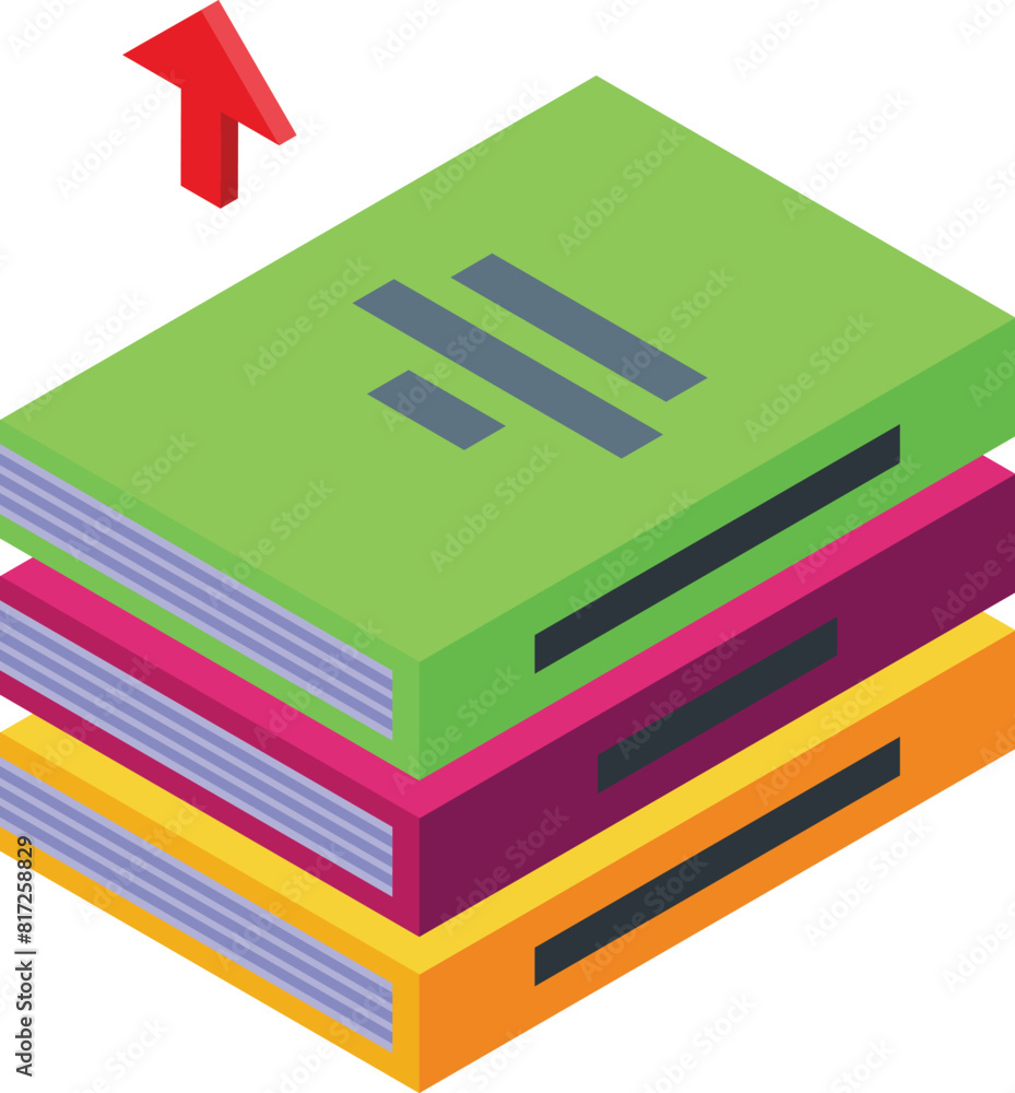 3d isometric illustration of a colorful stack of books with a rising red arrow, symbolizing growth or progress 3d isometric illustration of a colorful stack of books with a rising red arrow, symbolizing growth or progress